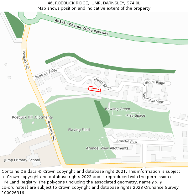 46, ROEBUCK RIDGE, JUMP, BARNSLEY, S74 0LJ: Location map and indicative extent of plot