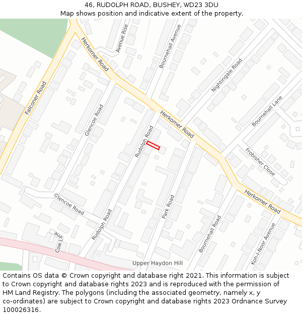 46, RUDOLPH ROAD, BUSHEY, WD23 3DU: Location map and indicative extent of plot