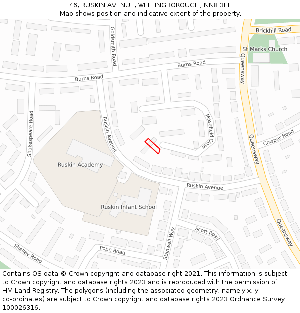 46, RUSKIN AVENUE, WELLINGBOROUGH, NN8 3EF: Location map and indicative extent of plot