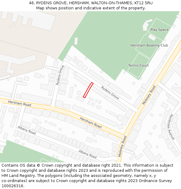 46, RYDENS GROVE, HERSHAM, WALTON-ON-THAMES, KT12 5RU: Location map and indicative extent of plot