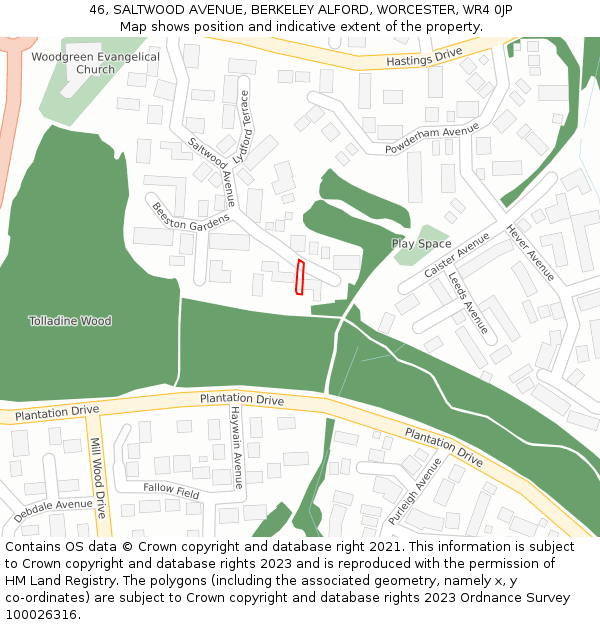 46, SALTWOOD AVENUE, BERKELEY ALFORD, WORCESTER, WR4 0JP: Location map and indicative extent of plot