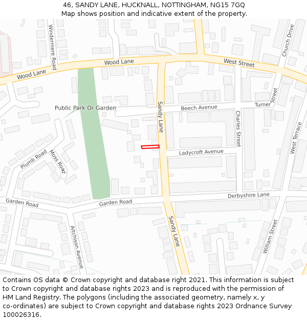 46, SANDY LANE, HUCKNALL, NOTTINGHAM, NG15 7GQ: Location map and indicative extent of plot