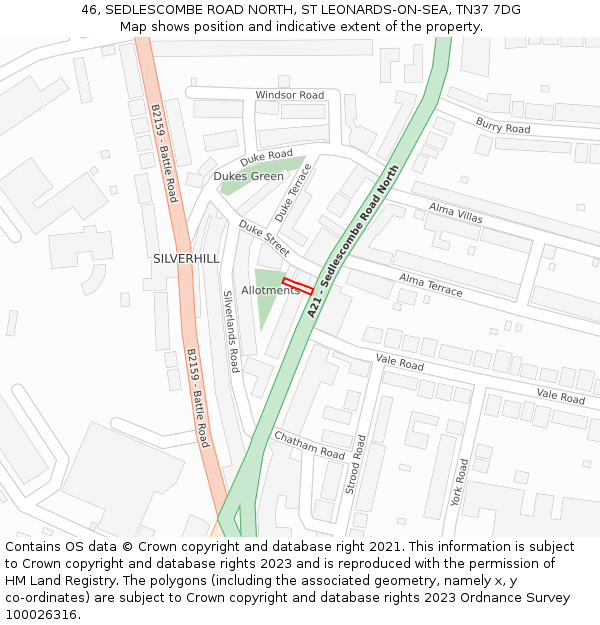 46, SEDLESCOMBE ROAD NORTH, ST LEONARDS-ON-SEA, TN37 7DG: Location map and indicative extent of plot