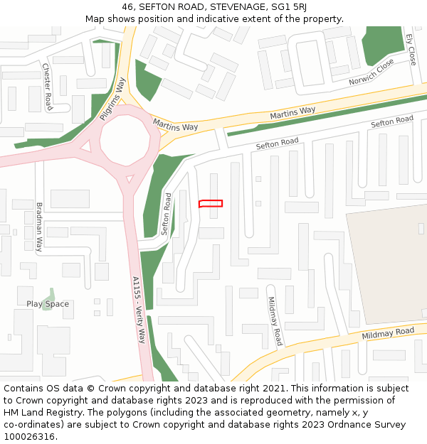 46, SEFTON ROAD, STEVENAGE, SG1 5RJ: Location map and indicative extent of plot