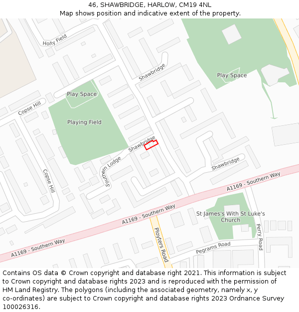 46, SHAWBRIDGE, HARLOW, CM19 4NL: Location map and indicative extent of plot