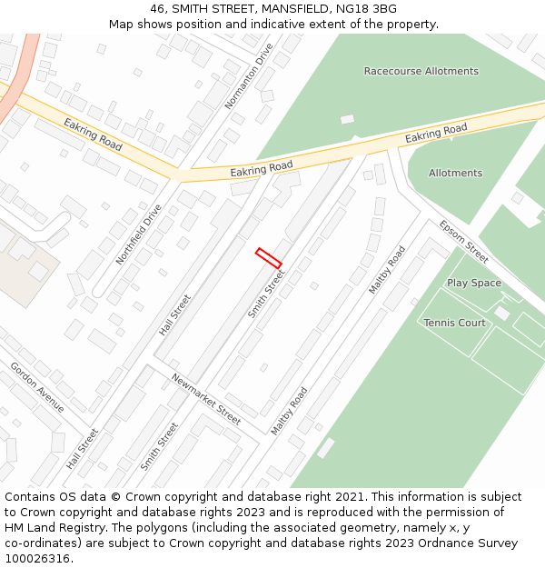 46, SMITH STREET, MANSFIELD, NG18 3BG: Location map and indicative extent of plot