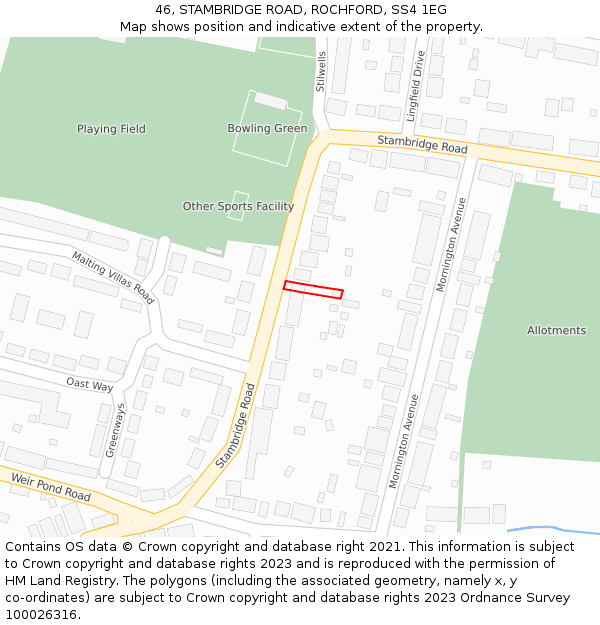 46, STAMBRIDGE ROAD, ROCHFORD, SS4 1EG: Location map and indicative extent of plot