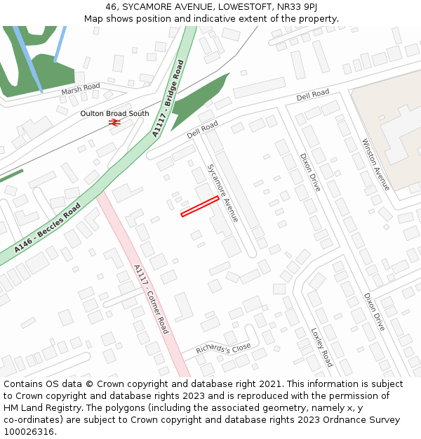 46, SYCAMORE AVENUE, LOWESTOFT, NR33 9PJ: Location map and indicative extent of plot