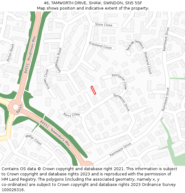 46, TAMWORTH DRIVE, SHAW, SWINDON, SN5 5SF: Location map and indicative extent of plot