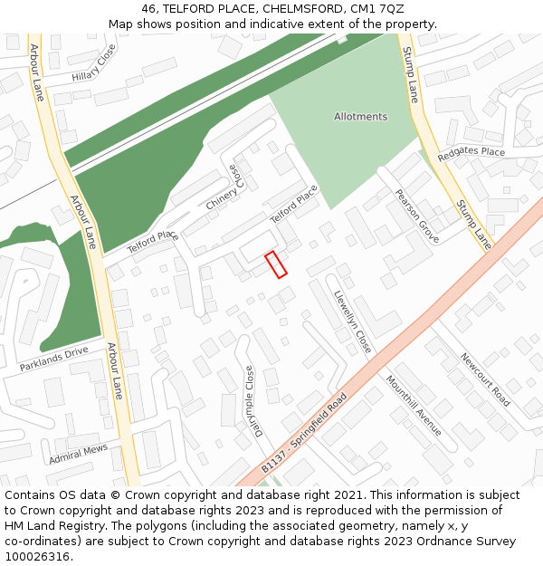 46, TELFORD PLACE, CHELMSFORD, CM1 7QZ: Location map and indicative extent of plot