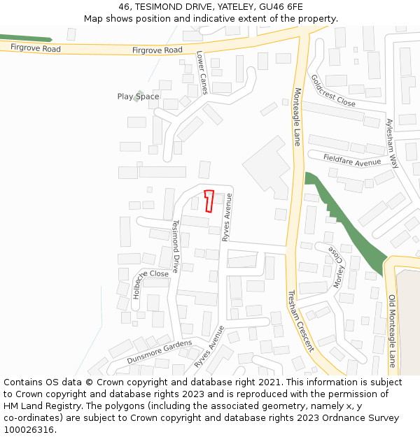 46, TESIMOND DRIVE, YATELEY, GU46 6FE: Location map and indicative extent of plot
