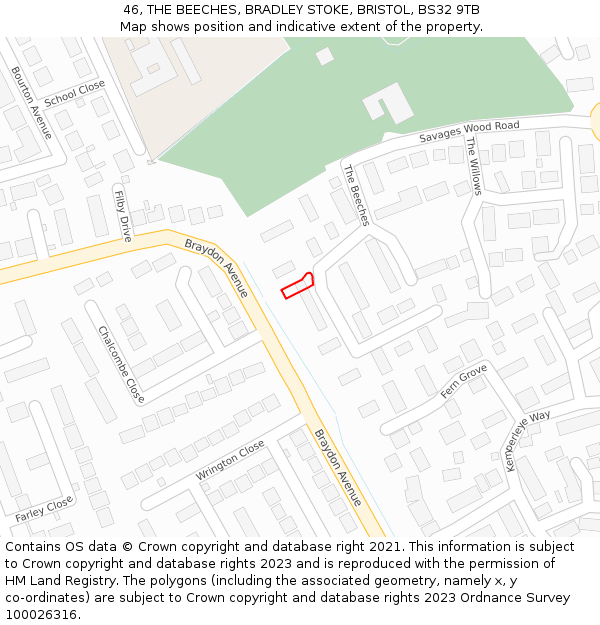 46, THE BEECHES, BRADLEY STOKE, BRISTOL, BS32 9TB: Location map and indicative extent of plot