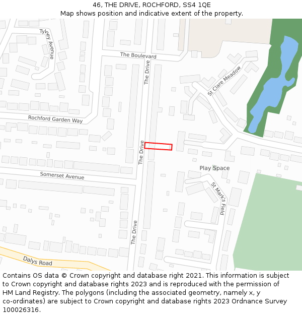 46, THE DRIVE, ROCHFORD, SS4 1QE: Location map and indicative extent of plot