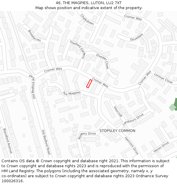 46, THE MAGPIES, LUTON, LU2 7XT: Location map and indicative extent of plot