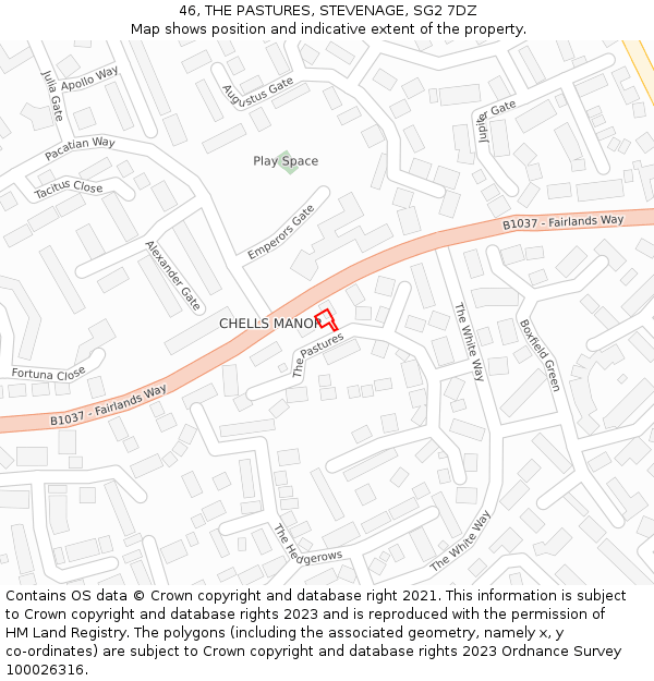 46, THE PASTURES, STEVENAGE, SG2 7DZ: Location map and indicative extent of plot