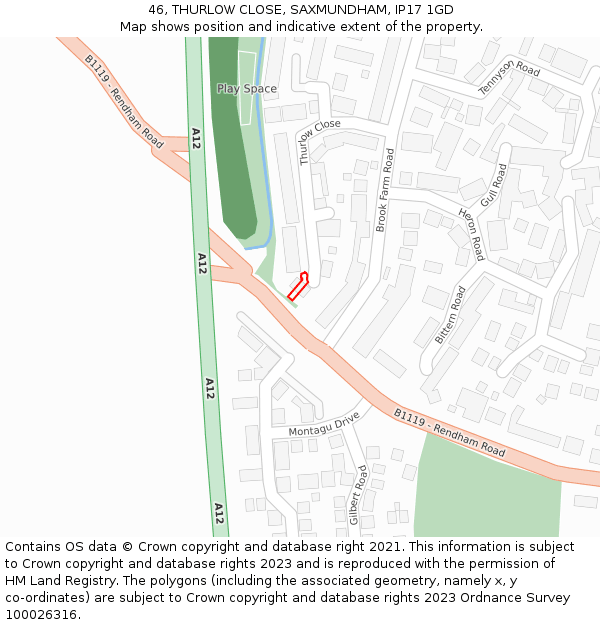 46, THURLOW CLOSE, SAXMUNDHAM, IP17 1GD: Location map and indicative extent of plot