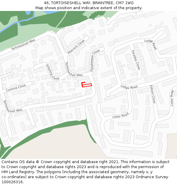 46, TORTOISESHELL WAY, BRAINTREE, CM7 1WG: Location map and indicative extent of plot