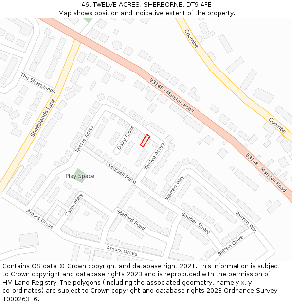 46, TWELVE ACRES, SHERBORNE, DT9 4FE: Location map and indicative extent of plot