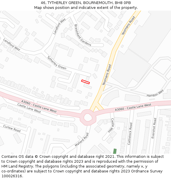 46, TYTHERLEY GREEN, BOURNEMOUTH, BH8 0PB: Location map and indicative extent of plot