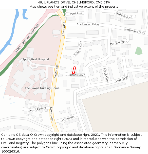 46, UPLANDS DRIVE, CHELMSFORD, CM1 6TW: Location map and indicative extent of plot
