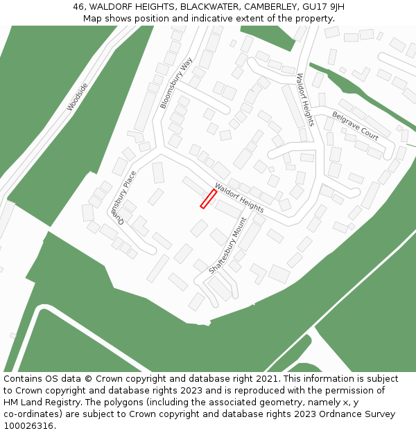 46, WALDORF HEIGHTS, BLACKWATER, CAMBERLEY, GU17 9JH: Location map and indicative extent of plot