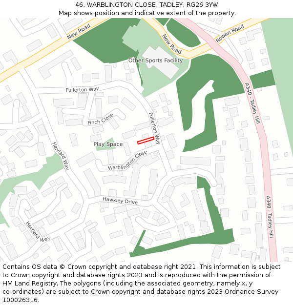 46, WARBLINGTON CLOSE, TADLEY, RG26 3YW: Location map and indicative extent of plot