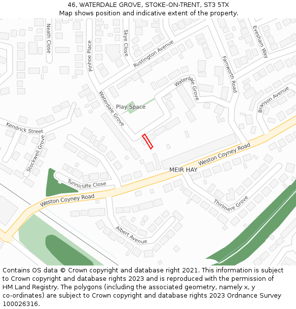 46, WATERDALE GROVE, STOKE-ON-TRENT, ST3 5TX: Location map and indicative extent of plot