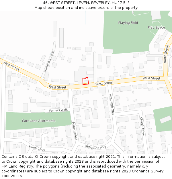 46, WEST STREET, LEVEN, BEVERLEY, HU17 5LF: Location map and indicative extent of plot
