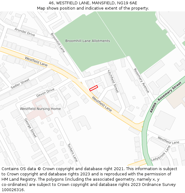 46, WESTFIELD LANE, MANSFIELD, NG19 6AE: Location map and indicative extent of plot