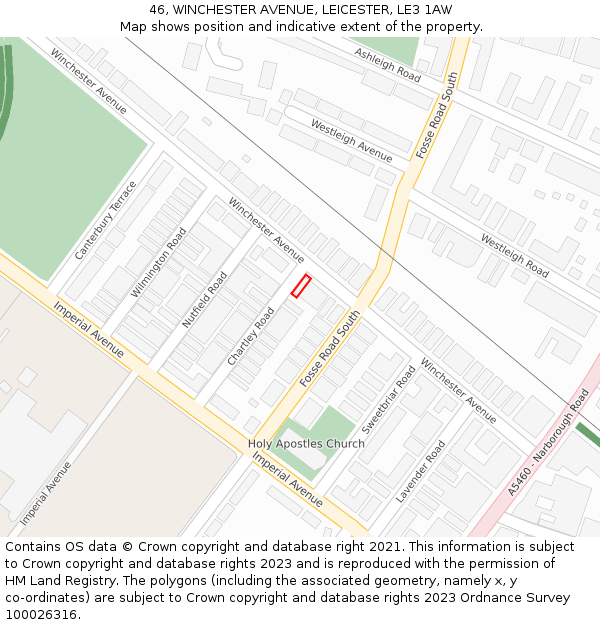 46, WINCHESTER AVENUE, LEICESTER, LE3 1AW: Location map and indicative extent of plot