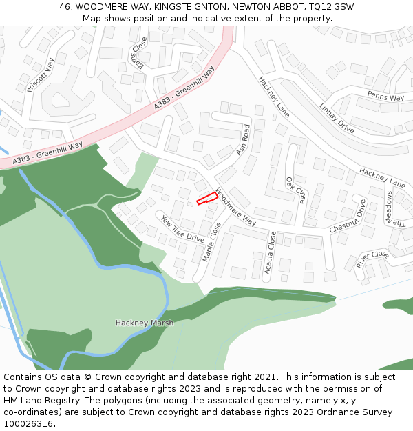 46, WOODMERE WAY, KINGSTEIGNTON, NEWTON ABBOT, TQ12 3SW: Location map and indicative extent of plot