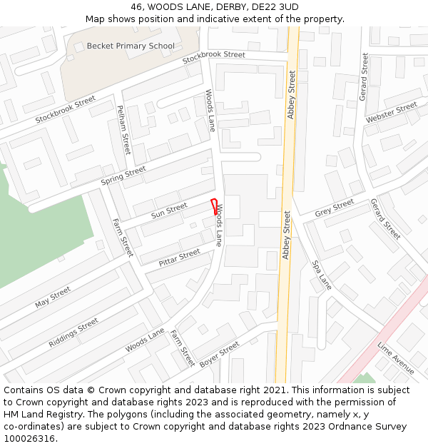 46, WOODS LANE, DERBY, DE22 3UD: Location map and indicative extent of plot