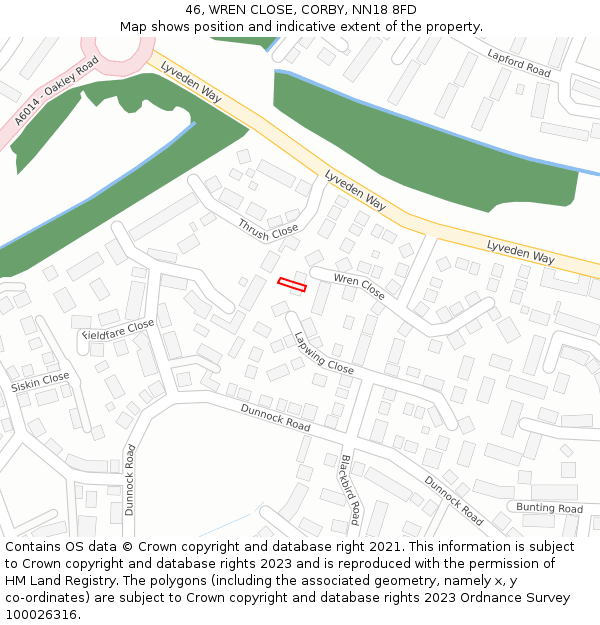 46, WREN CLOSE, CORBY, NN18 8FD: Location map and indicative extent of plot