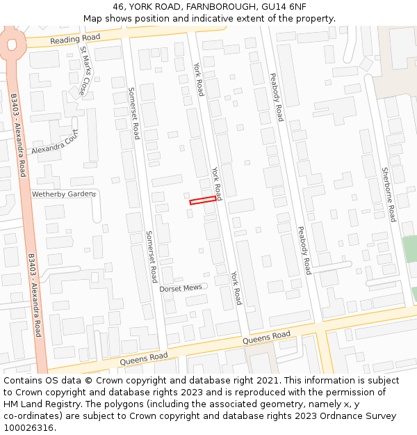 46, YORK ROAD, FARNBOROUGH, GU14 6NF: Location map and indicative extent of plot