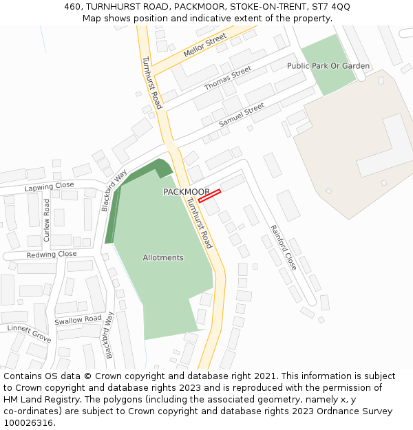 460, TURNHURST ROAD, PACKMOOR, STOKE-ON-TRENT, ST7 4QQ: Location map and indicative extent of plot