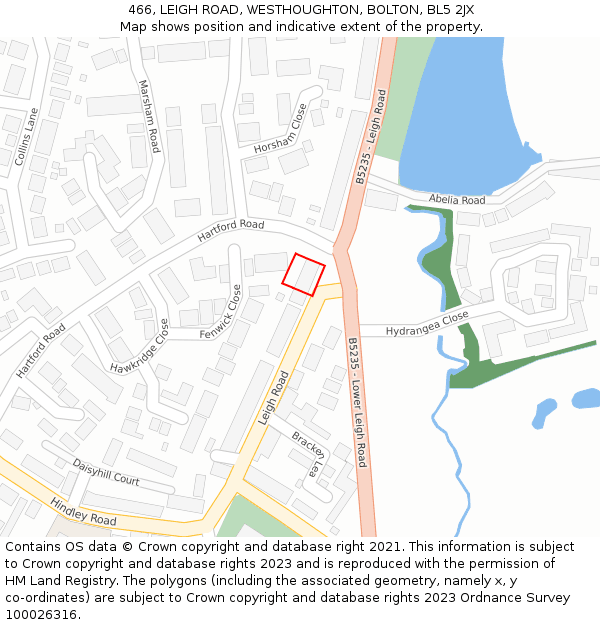 466, LEIGH ROAD, WESTHOUGHTON, BOLTON, BL5 2JX: Location map and indicative extent of plot