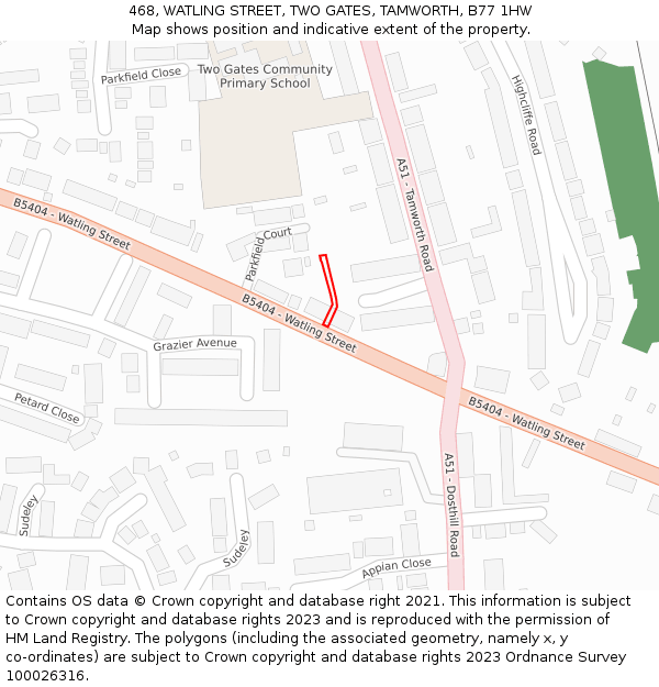 468, WATLING STREET, TWO GATES, TAMWORTH, B77 1HW: Location map and indicative extent of plot