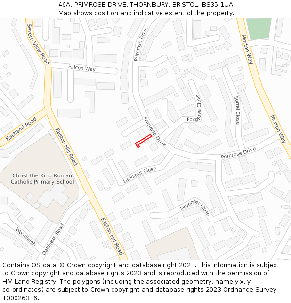 46A, PRIMROSE DRIVE, THORNBURY, BRISTOL, BS35 1UA: Location map and indicative extent of plot