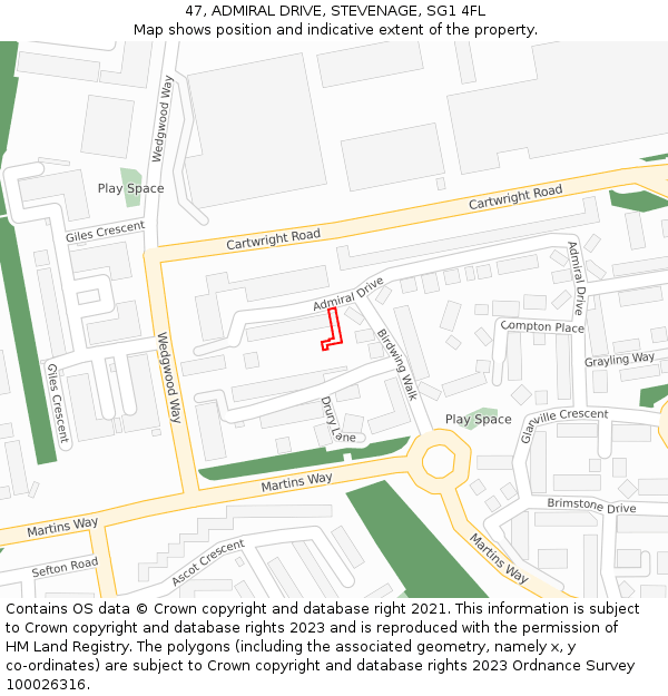 47, ADMIRAL DRIVE, STEVENAGE, SG1 4FL: Location map and indicative extent of plot