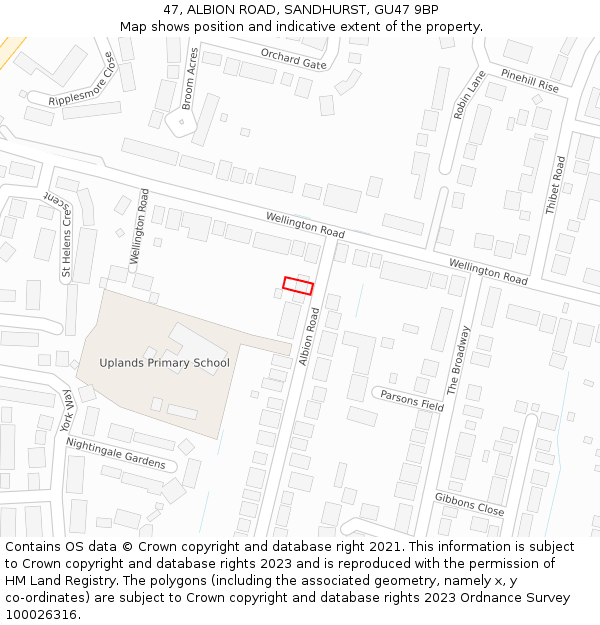 47, ALBION ROAD, SANDHURST, GU47 9BP: Location map and indicative extent of plot