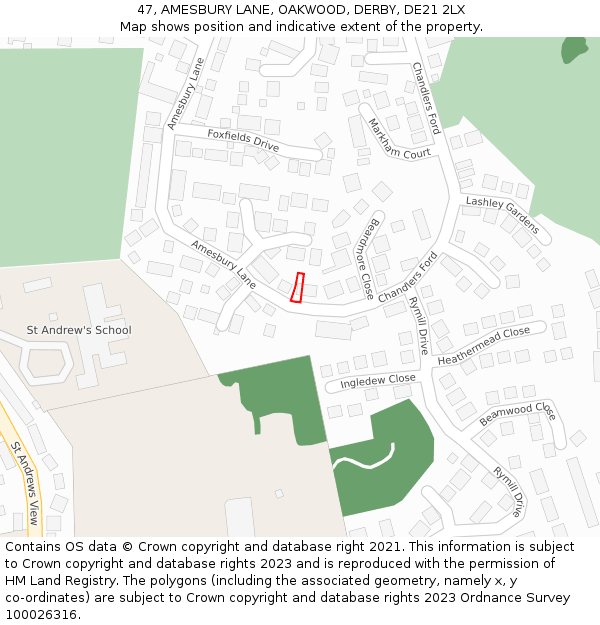 47, AMESBURY LANE, OAKWOOD, DERBY, DE21 2LX: Location map and indicative extent of plot