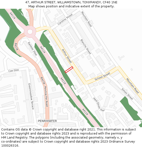 47, ARTHUR STREET, WILLIAMSTOWN, TONYPANDY, CF40 1NE: Location map and indicative extent of plot