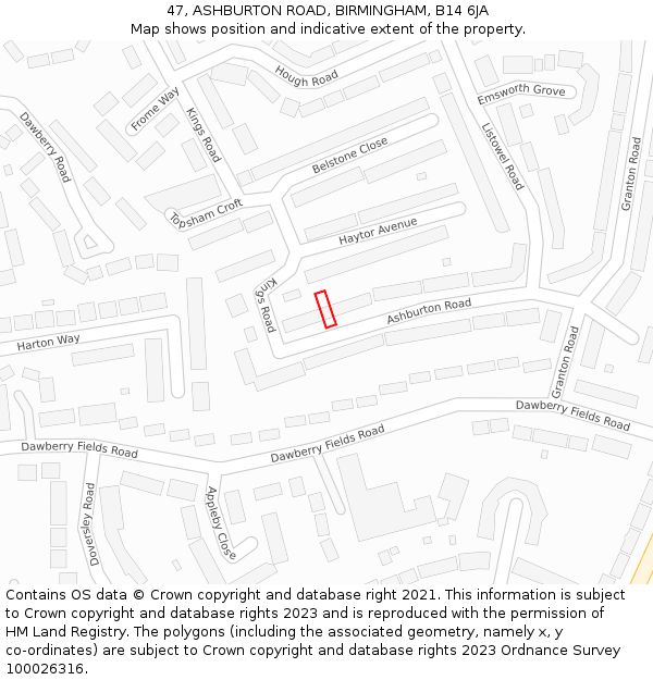 47, ASHBURTON ROAD, BIRMINGHAM, B14 6JA: Location map and indicative extent of plot