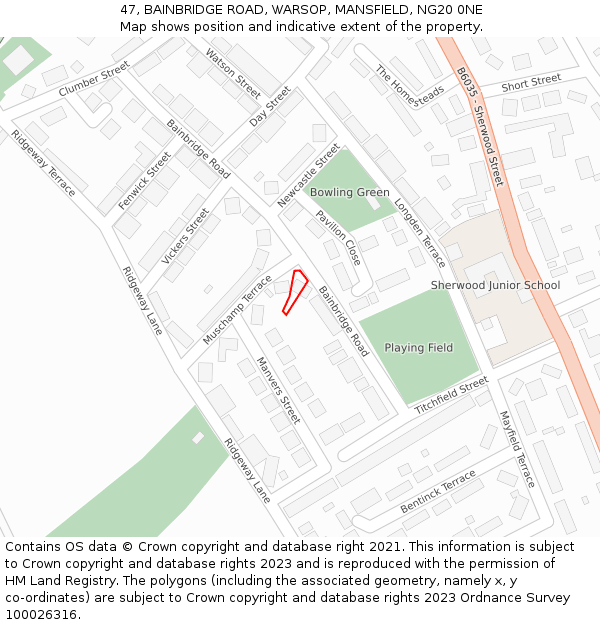 47, BAINBRIDGE ROAD, WARSOP, MANSFIELD, NG20 0NE: Location map and indicative extent of plot