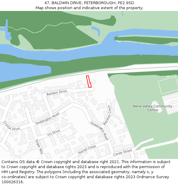 47, BALDWIN DRIVE, PETERBOROUGH, PE2 9SD: Location map and indicative extent of plot