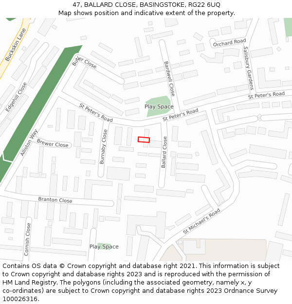 47, BALLARD CLOSE, BASINGSTOKE, RG22 6UQ: Location map and indicative extent of plot