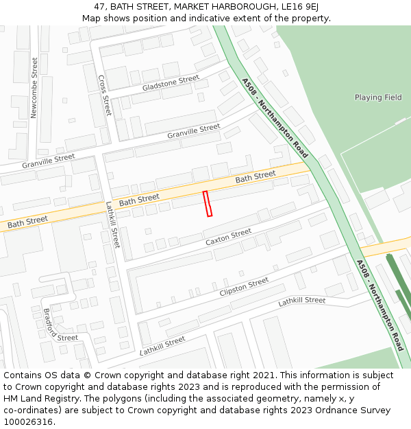 47, BATH STREET, MARKET HARBOROUGH, LE16 9EJ: Location map and indicative extent of plot