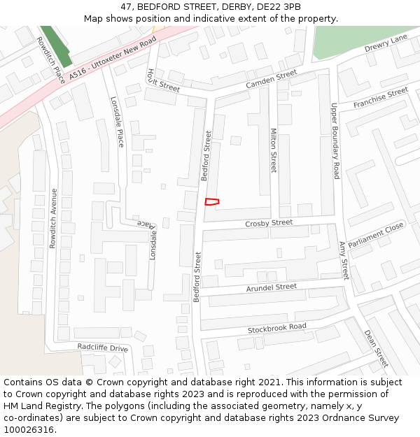 47, BEDFORD STREET, DERBY, DE22 3PB: Location map and indicative extent of plot