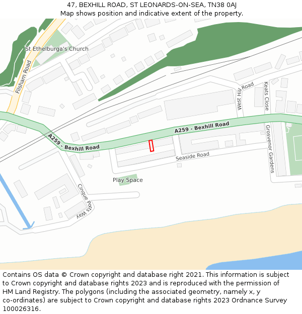 47, BEXHILL ROAD, ST LEONARDS-ON-SEA, TN38 0AJ: Location map and indicative extent of plot