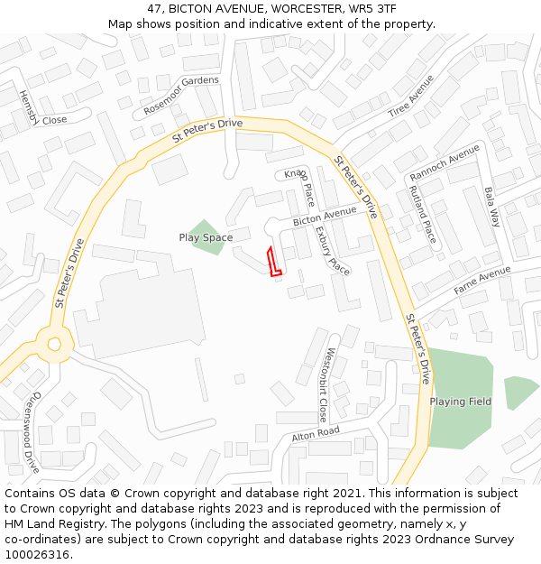 47, BICTON AVENUE, WORCESTER, WR5 3TF: Location map and indicative extent of plot